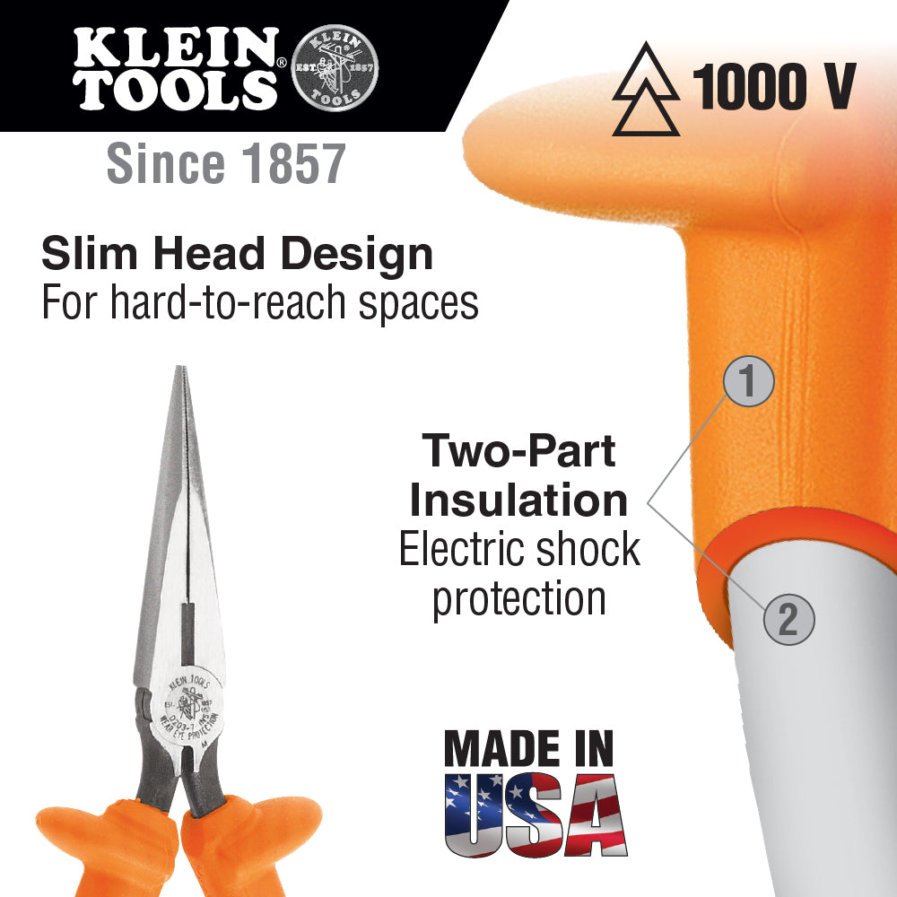 Klein Tools D203-8-INS Long Nose Pliers, Insulated, 8"