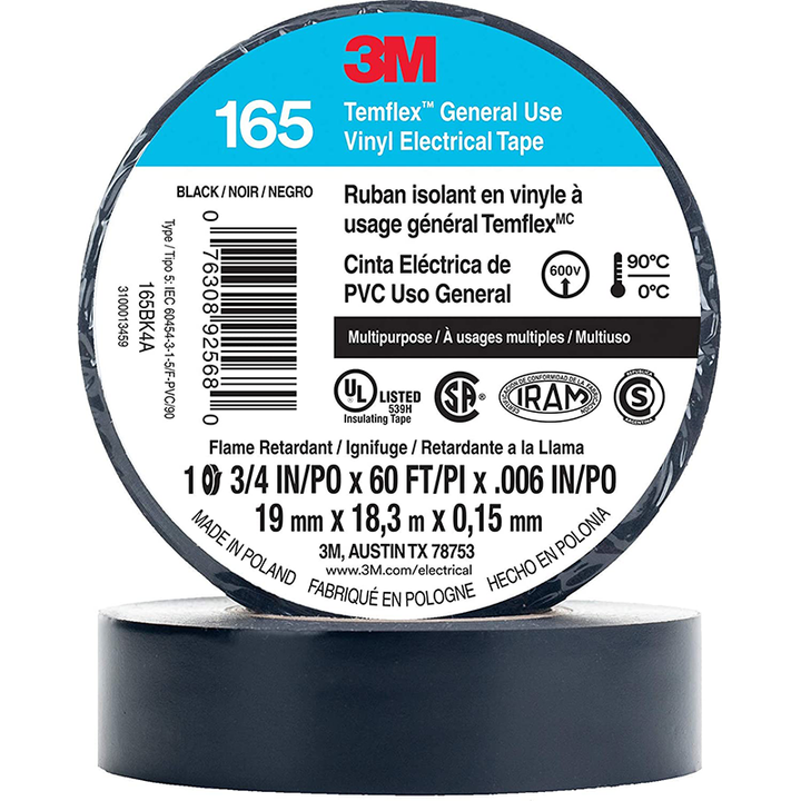 3M Temflex Vinyl Electrical Tape 165, Black, 3/4 in x 60 ft, 6 mil