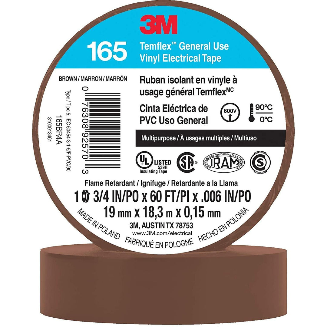 3M Temflex Vinyl Electrical Tape 165, Black, 3/4 in x 60 ft, 6 mil