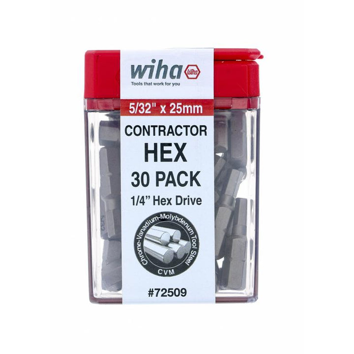 Wiha Tools 72509 Hex Contractor Insert Bit 5/32" x 25mm - 30 Piece