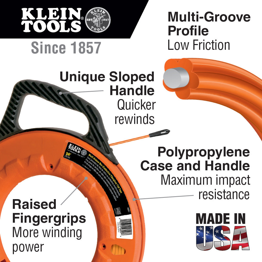 Klein Tools 56059 Fish Tape 200-Foot Is Non-Conductive Fiberglass, Flexible, Pull Line To 500 Lb