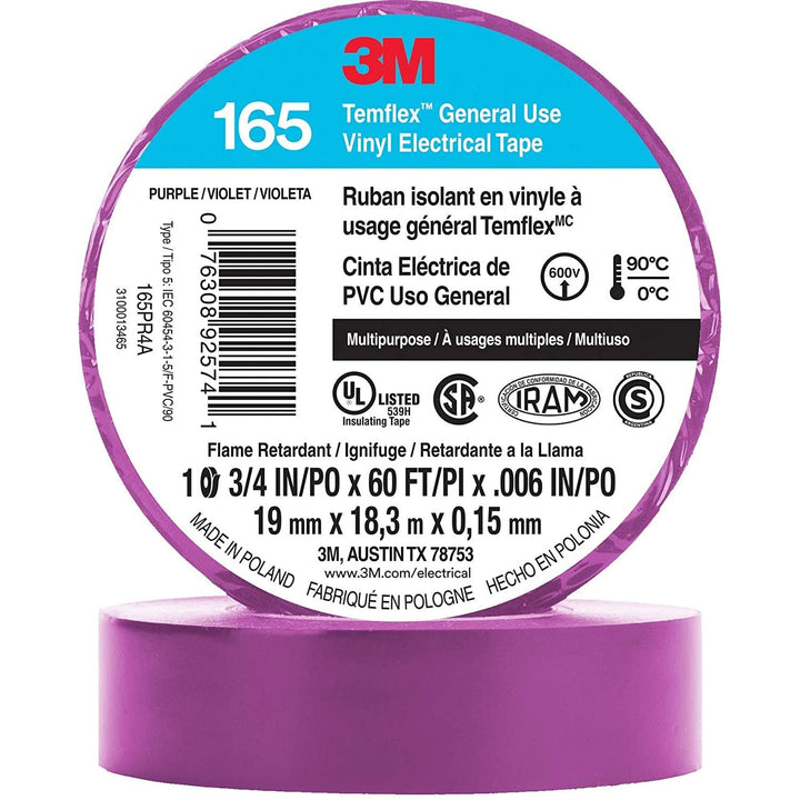 3M Temflex Vinyl Electrical Tape 165, Black, 3/4 in x 60 ft, 6 mil
