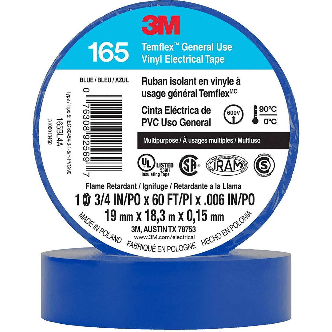 3M Temflex Vinyl Electrical Tape 165, Black, 3/4 in x 60 ft, 6 mil