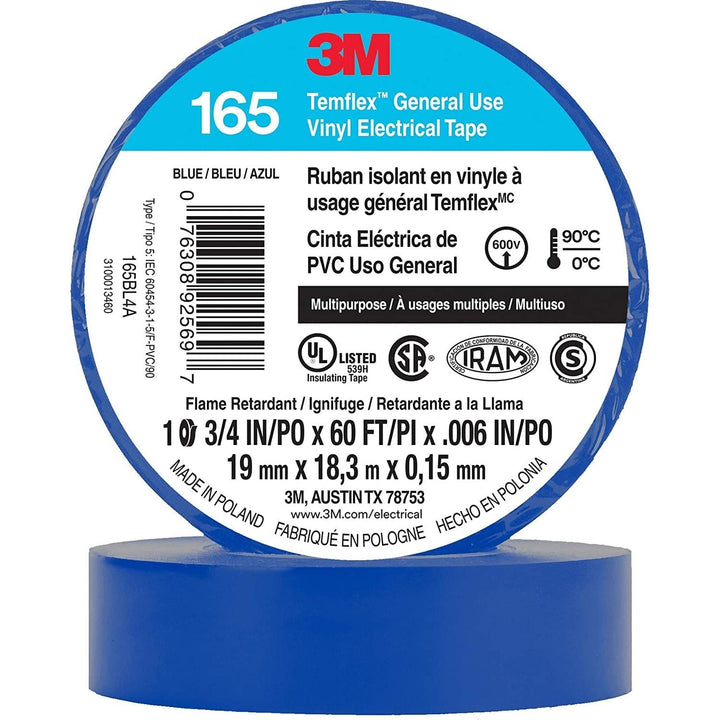 3M Temflex Vinyl Electrical Tape 165, Black, 3/4 in x 60 ft, 6 mil