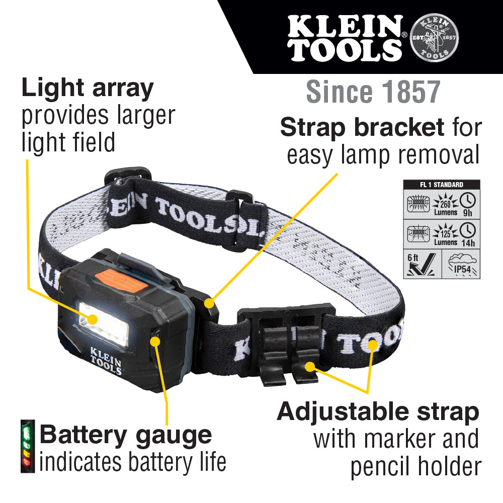 Klein Tools 56049 Rechargeable Light Array Headlamp w/ Strap, 260 Lumen, All-Day Runtime
