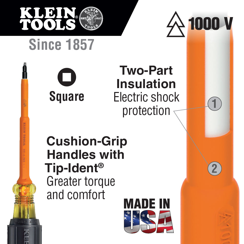 Klein Tools 661-4-INS Insulated Screwdriver, #1 Square Tip, 4-Inch Shank