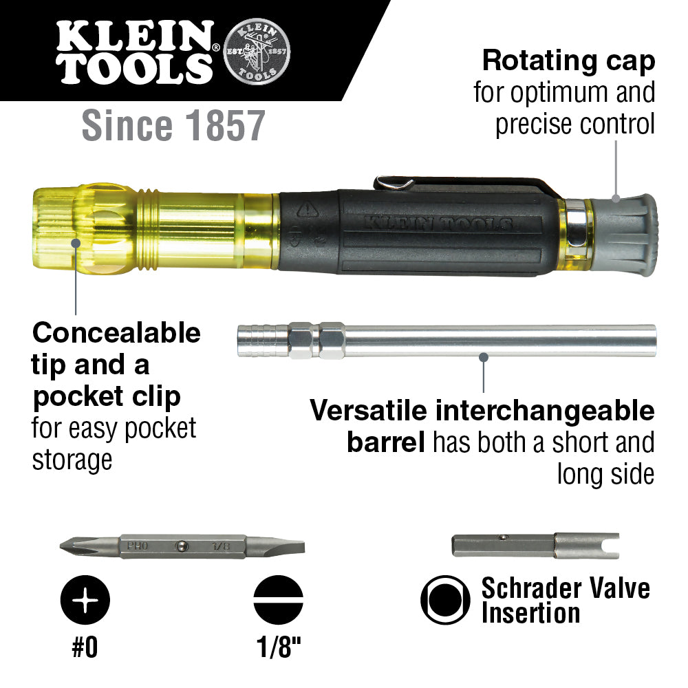 Klein Tools 32613 Screwdriver, Precision HVAC 3-in-1 Pocket Screwdriver with Schrader Bit