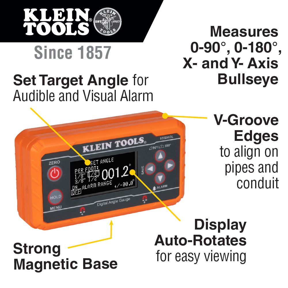 Klein Tools 935DAGL Digital Level Angle Finder with Programmable Angles, Measures 0 - 90 and 0 - 180 Degree or Dual Axis Bullseye Ranges