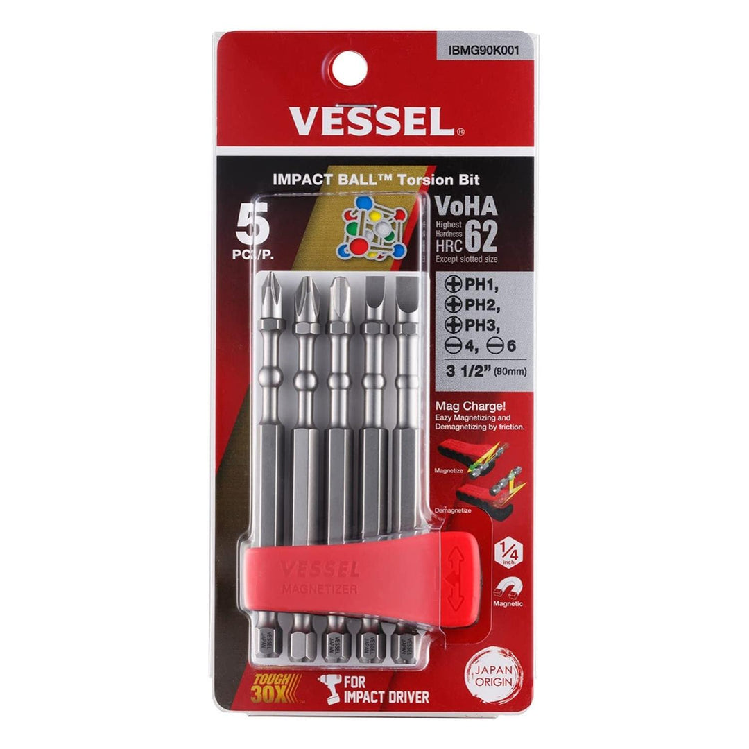 Vessel Tools IBMG90K001 Impact Ball Torsion Bit Set with Mag Charge Holder, 5 Pc.