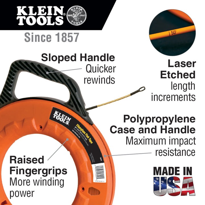 Klein Tools 56014 Fish Tape 200-Foot is Non-Conductive Fiberglass, Flexible for Conduit Measuring as Pull Line