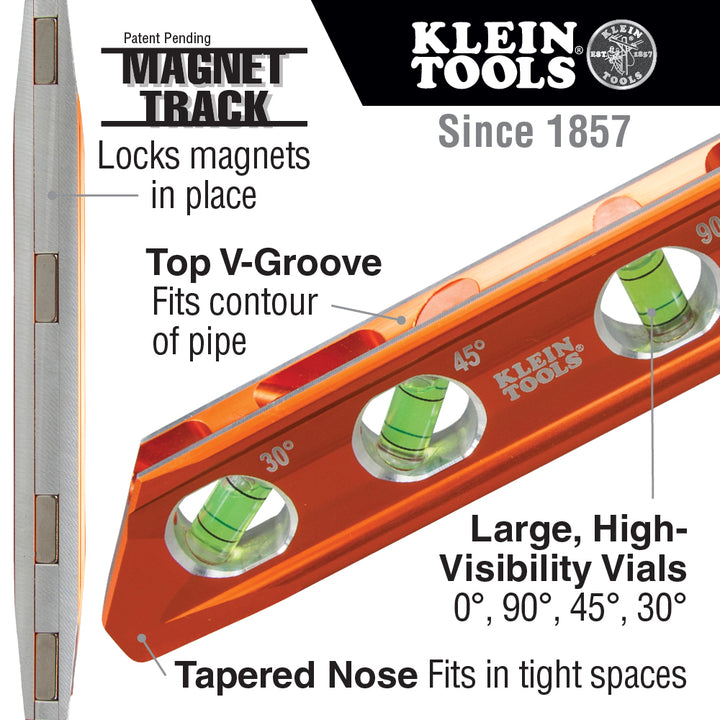 Klein Tools 935RB Torpedo Billet High-Viz Level with Rare Earth Magnet and Tapered Nose
