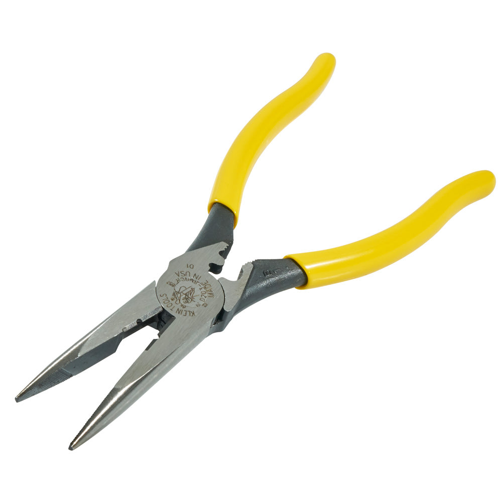 Klein Tools D203-8NCR Pliers, Long Nose Side Cutters, Strip/Crimp, 8"