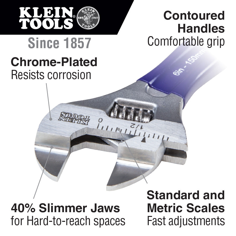Klein Tools D86934 Slim-Jaw Adjustable Wrench, 6"