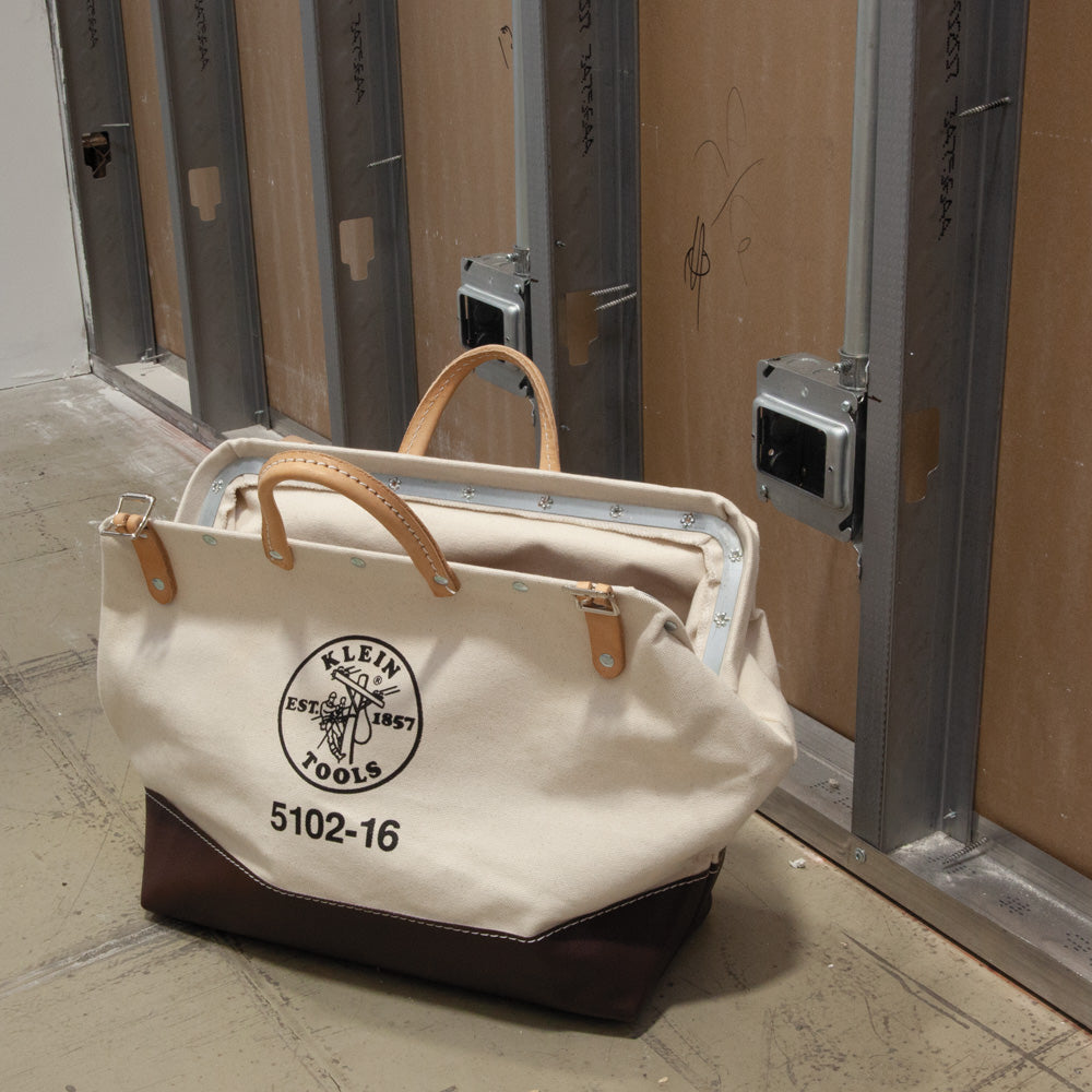 Klein Tools 5102-16 Tool Bag, Canvas Tote for Hand Tools is Heavy Duty Organizer with Steel Frame Mouth