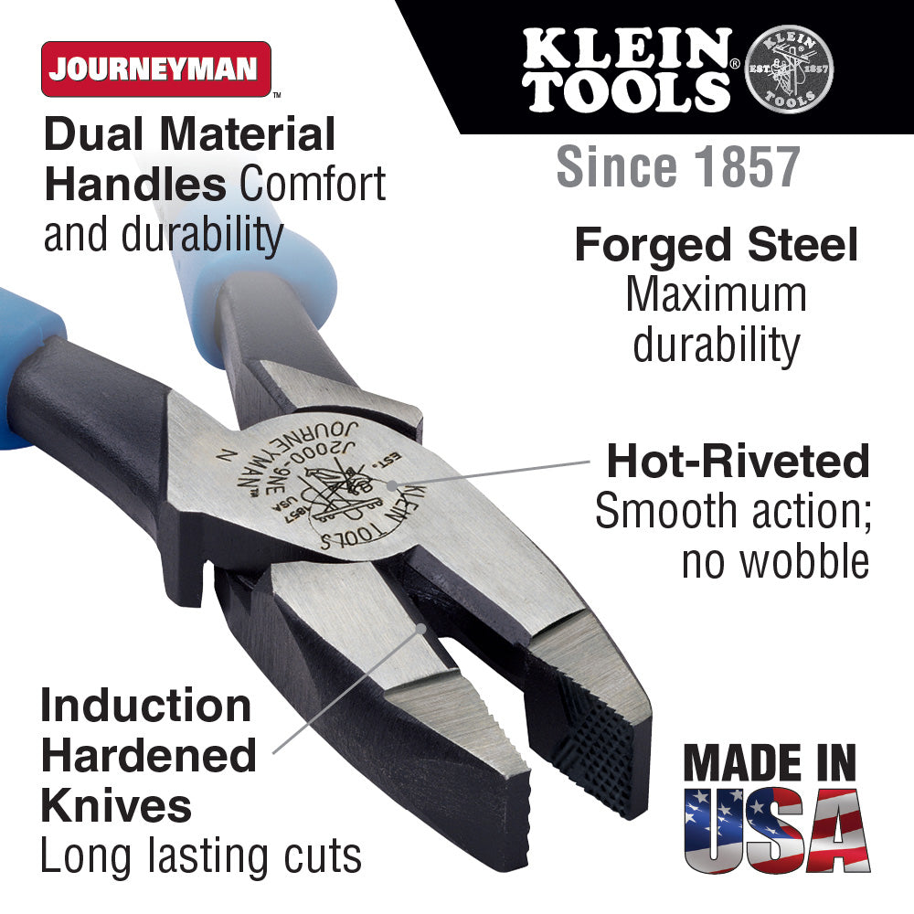 Klein Tools J2000-9NE Side Cutter Linemans Pliers, High Leverage 9-Inch Pliers Cut ACSR, Screws, Nails, Wire