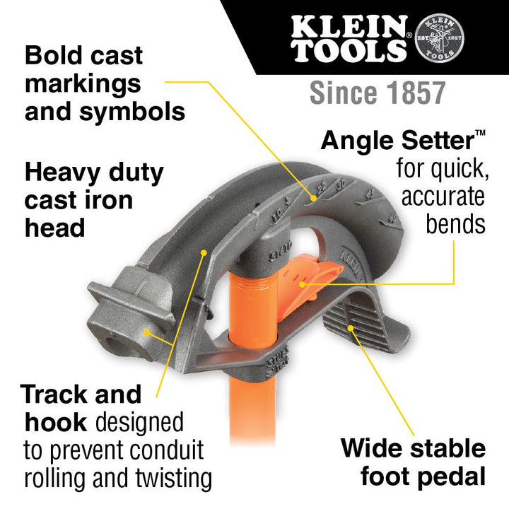 Klein Tools 51607 Aluminum Conduit Bender 3/4-Inch EMT, Wide Foot Pedal, Benchmark Symbols and  Angle Setter Technology