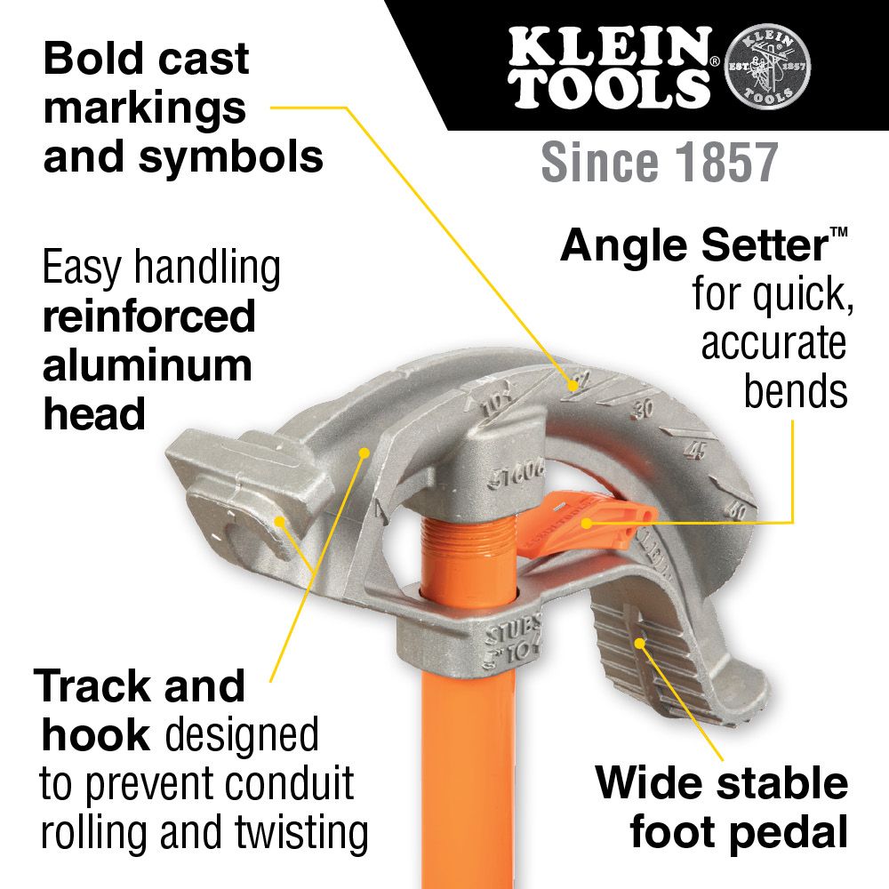 Klein Tools 51606 Aluminum Conduit Bender 1/2-Inch EMT, Wide Foot Pedal, Benchmark Symbols and  Angle Setter Technology