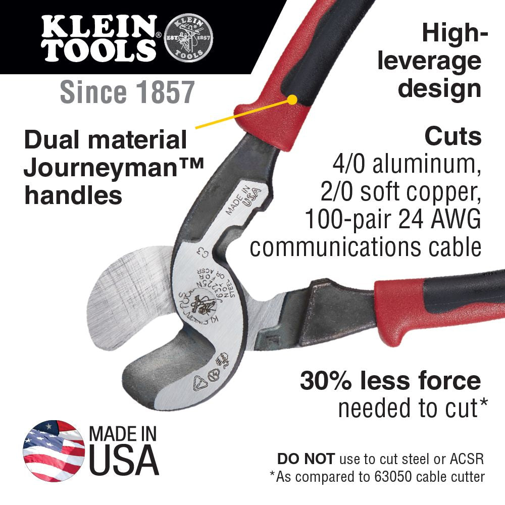 Klein Tools J63225N Journeyman High-Leverage Wire Cable Cutter and Stripper for Cutting  Aluminum, Soft Copper and Communications Cable