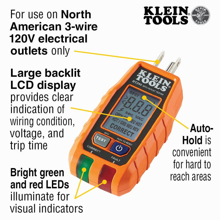 Klein Tools RT250 GFCI  Receptacle Tester with LCD Display, for Standard  3-Wire 120V Electrical Outlets