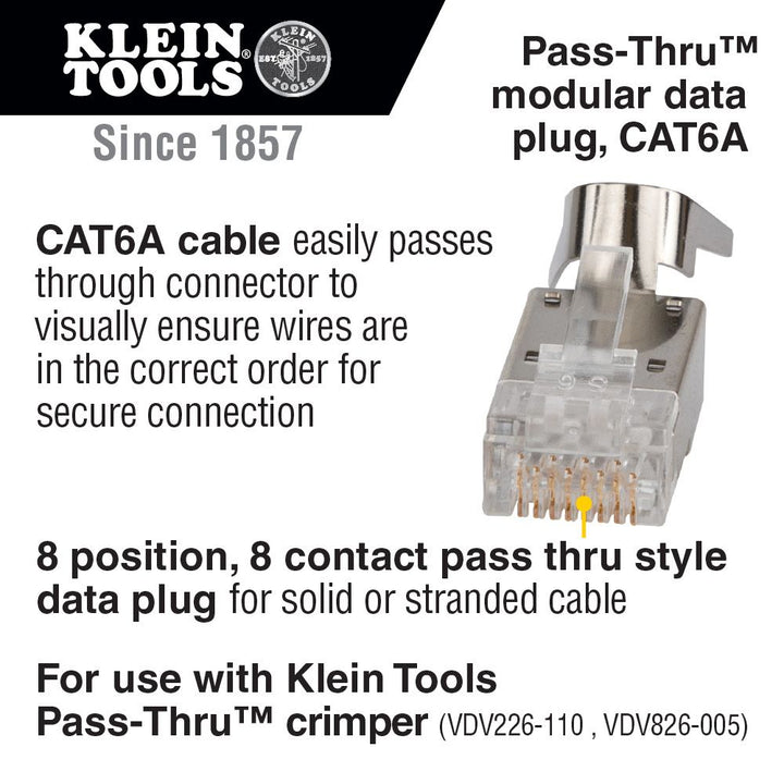Klein Tools VDV826-754 Pass-Thru™ Modular Data Plug, RJ45-CAT6A, Shielded (STP), 100-Pack