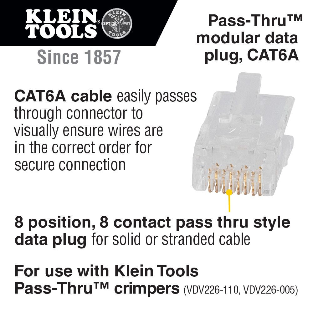 Klein Tools VDV826-764 Pass-Thru Modular Data Plugs, RJ45-CAT6A, UTP 200-Pack