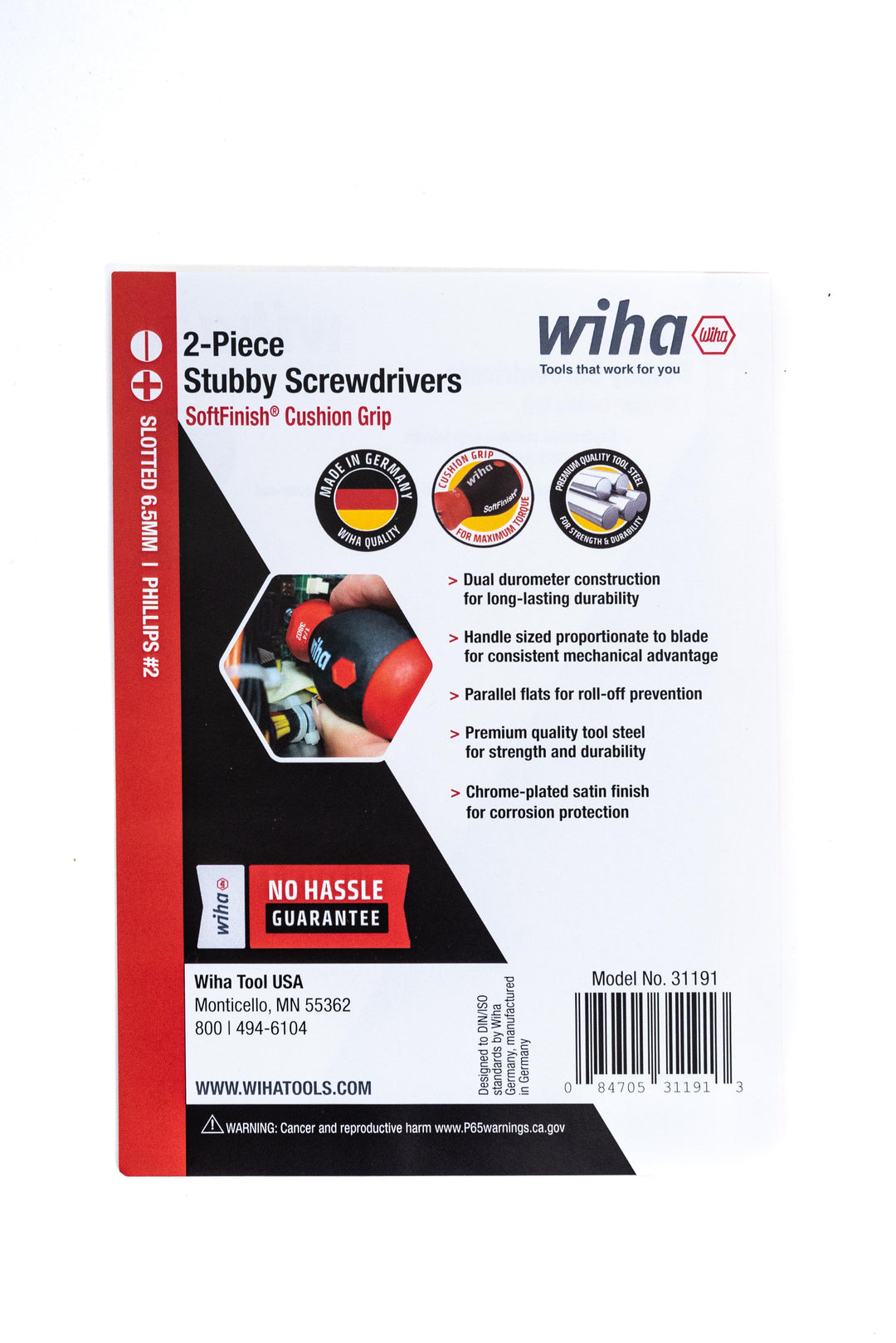 Wiha Tools 31191 SoftFinish Stubby Slotted 6.5mm/Phillips #2 Screwdrivers, 2 Pc. Set